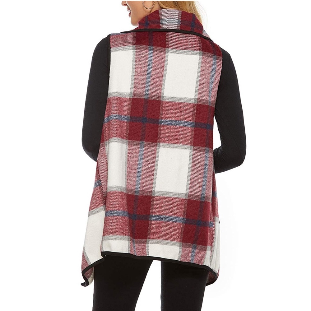 Vest Lapel Open Front Buffalo Plaid Sleeveless - Picture 3 of 5